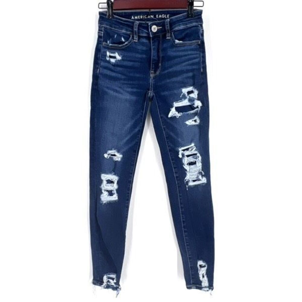 American Eagle Women's High Rise Jegging Crop Blue Jeans Size 00 destroyed‎
